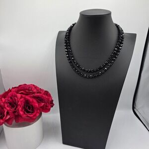 Womens Silver Tone Chain Two Strand Black Beaded‎ Statement Class Necklace 22"